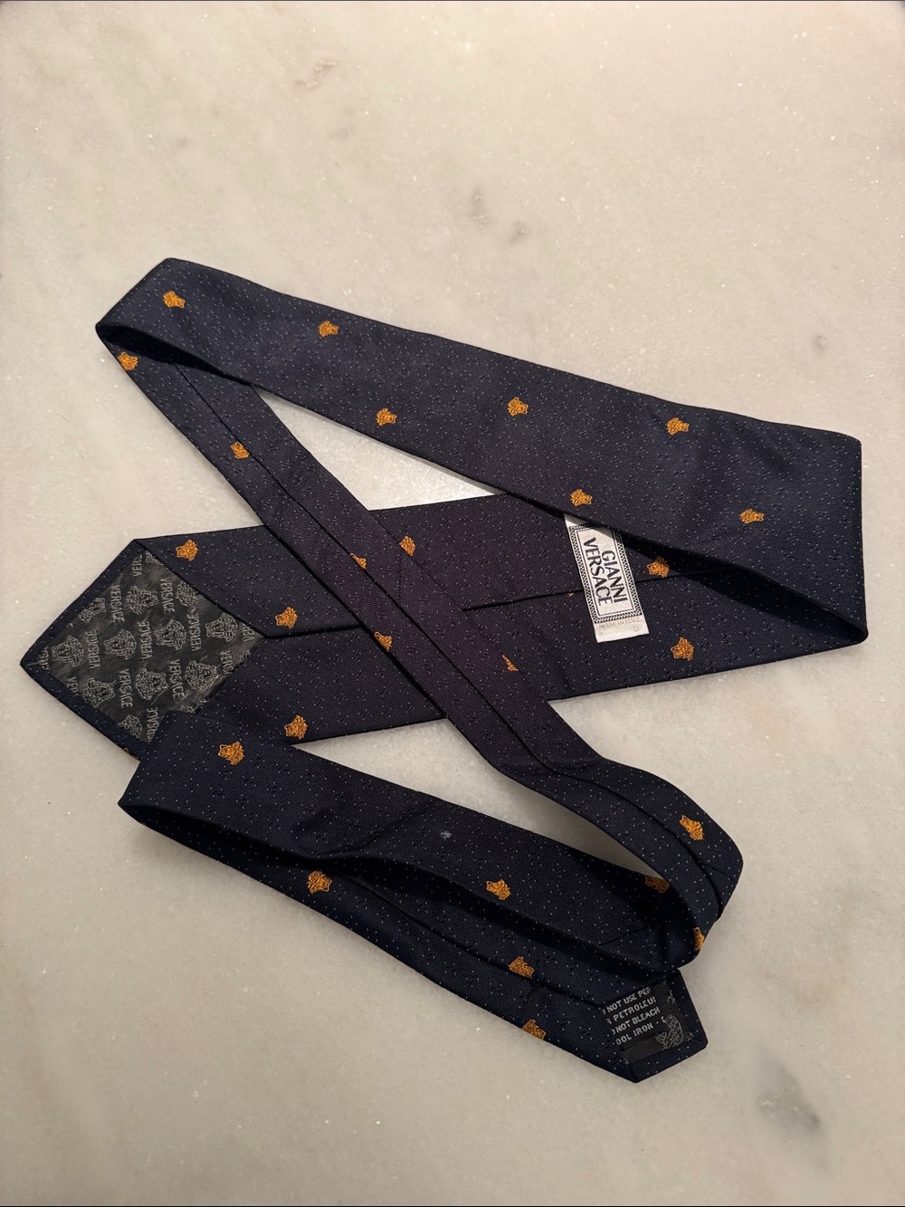 Versace Dark Blue Silk Tie with Gold Medusa Motifs